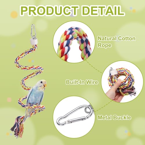 Bird Rope Perch Swing, Spiral Rope Perch Standing Pole Accessory Climbing Swing Paw Grinding 39 Inch, (Rainbow) Intended for Parrot/Parakeet/Budgies/Cockatiels/Lovebirds - color: Rainbow, size: 39 Inch