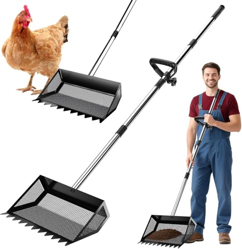 VEEMI Chicken Poop Scooper Rake 2-in-1,304 Stainless Steel Shovel Head, Chicken Litter Scoop with Handle for Chicken Coop for Sand, Pet Waste Cleaning, Litter Sifting Shovel (35 to 65") | Chicken Poop Scooper - color: Black, size: 10inch