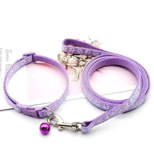 Puppy Collar and Leash Set, Purple Cat Kitten XS XXS Dog Collar with Bell | Paw Print Reflective Dog Collar Leash Set with Bell, Basic Nylon Boy Girls Pet Collar Adjustable For XXS XS S Tiny Puppies - color: pale purple