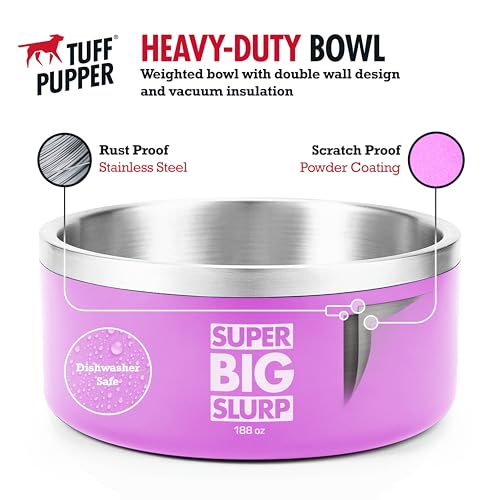 Tuff Pupper Heavy Duty Insulated Dog Bowl | Double Wall Stainless Steel Dog Food Dish | Non-Slip Spill Proof Dishwasher Safe Cat Bowl | Water Dish for Feeding Large Medium Small Pets (188oz, Pink) - color: Punch Pink, size: 188oz