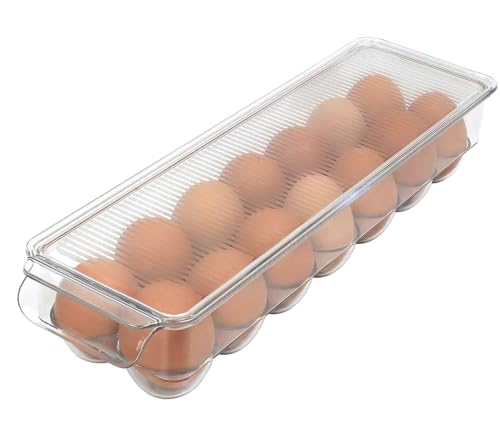 Dependable Industries inc. Essentials Clear Acrylic Egg Storage Container with Lid, 14-Egg Capacity, BPA-Free Refrigerator Organizer, Stackable Tray with Handle, Dishwasher Safe