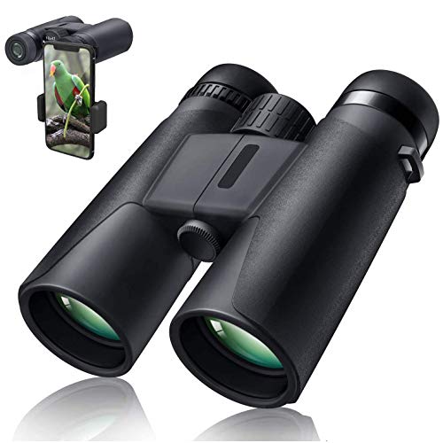 10X42 Professional Binoculars with Smartphone Adapter, Compact Waterproof Low Night Vision Binoculars for Adult Birds Watching Hunting Concert Travel - color: Black