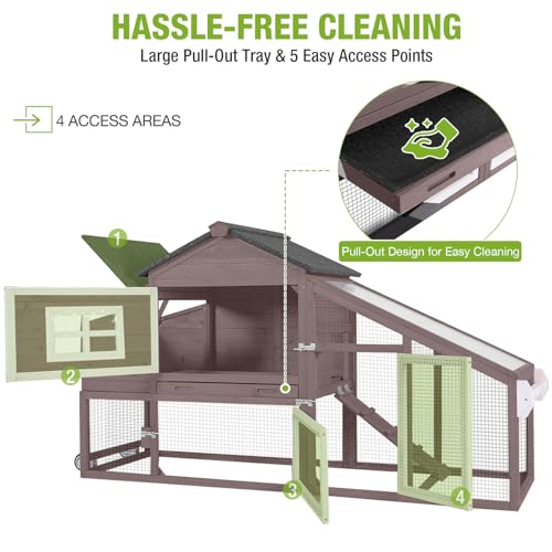 GUTINNEEN Chicken Coop with Wheels,Outdoor Hen House with Waterproof Asphalt Roof, Wooden Poultry Enclosure with Easy-Clean Slide-Out Tray,Poultry Cage with Nesting Boxes for Duck Rabbit Chicken-Brown - size: 67.3"L x 26"W x 39.4"H-Brown