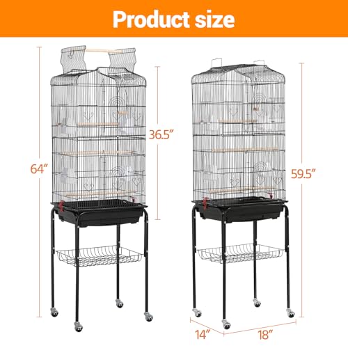 65.5 Inch Large Wrought Iron Bird Cage with Open Play Top, Heavy-Duty Detachable Rolling Stand & Storage, Flight Cage for Parrots, Conures, Cockatiels, Lovebirds, Parakeets, Budgies