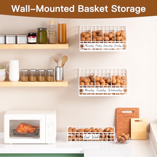 Egg Basket, Stackable Wall Mount Egg Holder Countertop with Weekday Labels | Rustproof carbon steel basket with adjustable dividers, ideal for backyard poultry, small kitchen & pantry storage, 1T White - color: White, size: 1-Tier（with DIY labels）