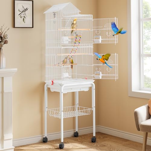YITAHOME 62 inch Metal Bird Cage, Large Parakeet Cages | Bird Cage for Parrot, Cockatiel, Lovebird, Pigeon with Roof Top, Rolling Stand and Hanging Accessories, White - color: White