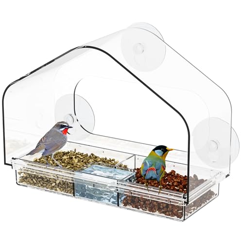Clear Bird Feeders for Window Viewing,Acrylic Window Bird Feeders with Strong Suction Cups for Cats,Kid and Birds Lovers Gifts,Large Window Mount Birdfeeder,Birds House for Outdoors,Balcony