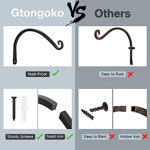 Gtongoko 12" Outdoor Plant Hanger Wall Bracket, Heavy Duty, 2 Pack | 57lb Capacity,Rust-Resistant Finish,Easy Installation,Fit Hanging Baskets,Ideal for Bird Feeders & Lanterns - size: 12 Inch, style: C-shape