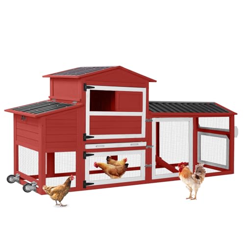 80" Large Chicken Coop on Wheels, with Run, Outdoor Wooden Hen House with Nesting Box, Leakproof Pull-Out Tray & Waterproof Roof, for 4–6 Chickens-Red - color: Red (AIR61-R)