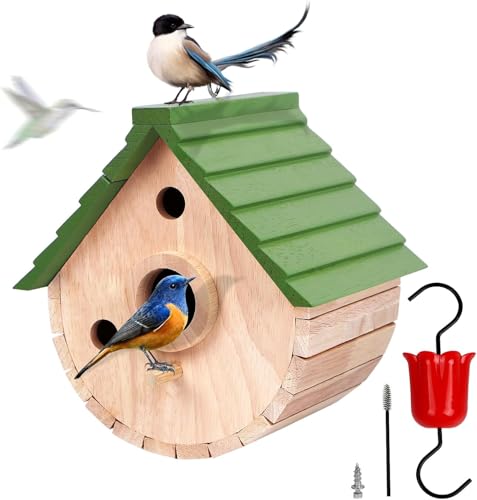 Wooden Bird House for Outside，3Holes Bird House for Bluebird Cardinals Wren Swallow, Hangding Birdhouse in Garder/Balcony/Courtyard Green - color: Green