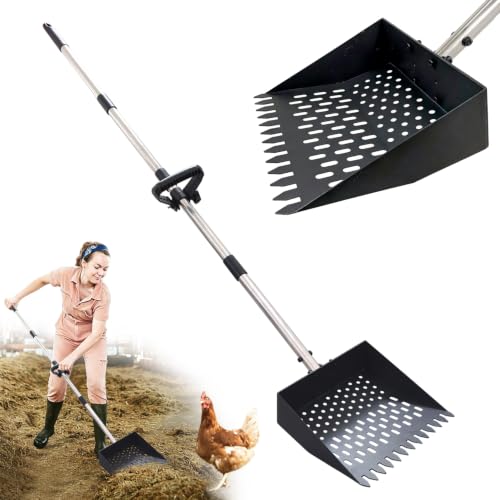 Chicken Poop Scooper, 10.2" Metal Steel Sifting Shovel with Ergonomic Grip, 37-62in Extendable Stainless Steel Handle, Professional Poultry Litter Cleaner for Chicken Coop, Duck, Goat & Sand