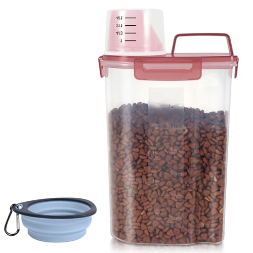 LEAWALK 3-5Lbs/3Qt Dog Cat Storage Container Portable with Upgraded Large Spout and Cup. Plastic Pet Food Dispenser for Small Animal Kibble, Bird Seed, Oatmeal, Rice, Flour, Brown Sugart (Clear PInk) - color: Clear Pink, size: 3L-1pack