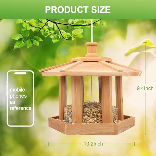 Wooden Bird Feeder for Outdoors Hanging, Red Cedar Hexagon Shaped Large Capacity, Cardinal Birdfeeder for Garden Decoration Yard, Weatherproof and Durable(Large) - size: Large