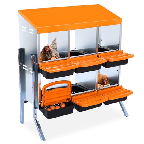 2-Tier Chicken Nesting Box, 6 Compartment Metal Nesting Box for Chickens with Waterproof Roof, Non-Slip Stable Base, Heavy Duty Chicken Laying Boxes for Hens, Poultry - color: Orange, size: 6 holes with legs
