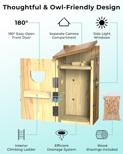 Screech Owl Nesting Box with Camera,Isolated Camera Bay,Owl House,Solar | 2.4G WiFi,2K HD,Night Vision Camera,Included Wood Shavings for Outdoor Yard Nesting,Solar Powered