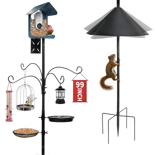 99 Inch Bird Feeder Pole with Squirrel Baffle, 360° Rotating Heavy Duty Bird House Pole for Outdoors Garden Yard, Adjustable Height Bird Feeder Stand with Shepherds Hooks Metal Trays