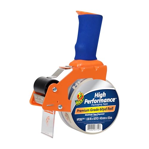 Duck High Performance Clear Packing Tape with BladeSafe Dispenser – Tape Gun with HP260 Strong Packaging Tape for Shipping, Moving, Mailing & Boxes - 3" Core, 1.88 Inch x 60 Yards, Clear (1078566) - size: 1-Pack, style: Refill + Dispenser