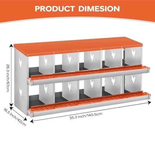 Garvee Chicken Nesting Box, 10 Compartments Nesting Box for Chickens, Galvanized Steel Chicken Laying Box for Easy Egg Collection, Wall Mounting - color: Orange | 10 Compartment