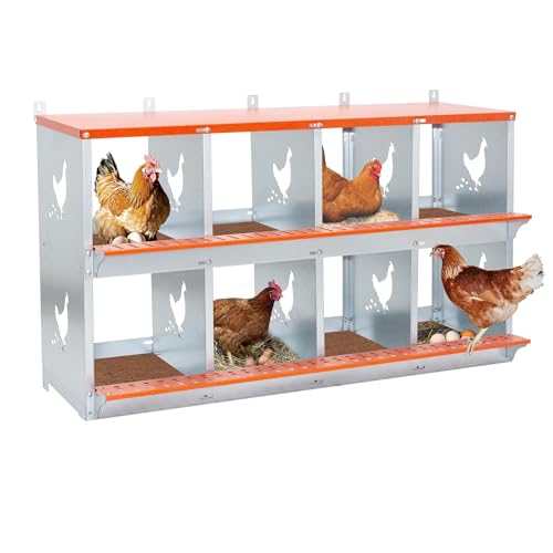 8-Bay Metal Nest Box for Chickens Wall Mount, Galvanized Steel Hen Nesting Box with Vent Holes, Easy to Clean & Assemble, Includes Coconut Fiber Pad, Orange/Silver - size: 42.5” L x 17” W x 25” H