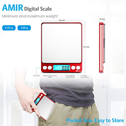AMIR Upgraded Digital Kitchen Scale, 500g Mini Pocket Jewelry Scale, Cooking Food Scale with Back-Lit LCD Display, 2 Trays, 6 Units, Auto Off, Tare, Stainless Steel (Batteries Included) - color: Red