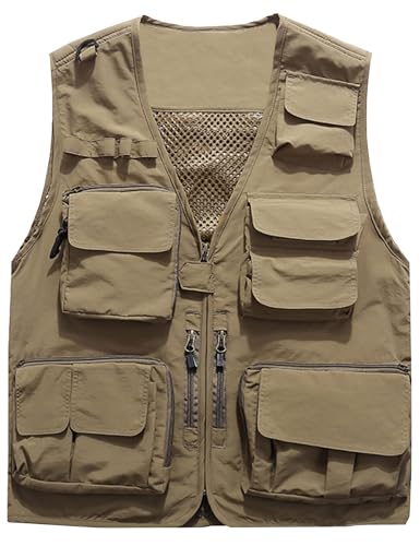Flygo Men's Casual Lightweight Outdoor Fishing Work Safari Travel Photo Cargo Vest Jacket Multi Pockets - color: Khaki, size: Large