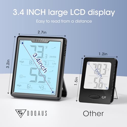 DOQAUS Hygrometer Indoor Thermometer, Humidity Temperature Meter, Black | 3.4in Large LCD Display, Backlight Temp Humidity Monitor with Max Min Records for Home, Bedroom, Baby Room, Greenhouse