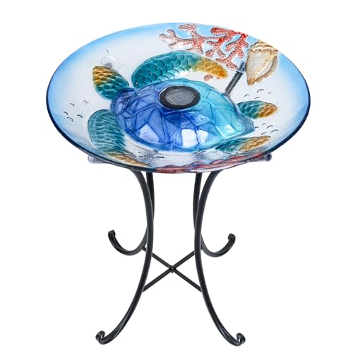 MUMTOP Outdoor Bird Bath Solar Glass Birdbath with Metal Stand Garden Decor | 18" Diameter 21.65" Height Solar Turtle Bird Baths for Lawn Yard Garden Decor, Solar Large Glass BirdBaths Bird Feeder - color: Blue