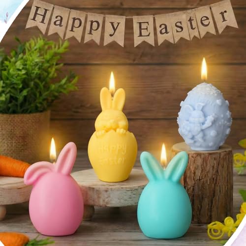 4 Pcs Easter Candles Easter Bunny Egg Votive Candles 4''x2'' Spring Pastel Real Wax Smokeless Flower Fruit Scented Tealights Drip-Free Rabbit Gift for Home Table Centerpiece Party Decor