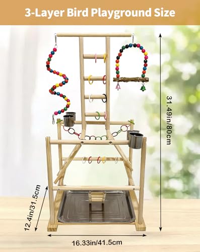 Bird Play Stand, Large Parakeet Playground, Natural Wood Parrot Perch Stand, Birds Play Gym Cockatoos Cage Accessories with Feeder Cups Swings for Cockatiel Budgie Conure