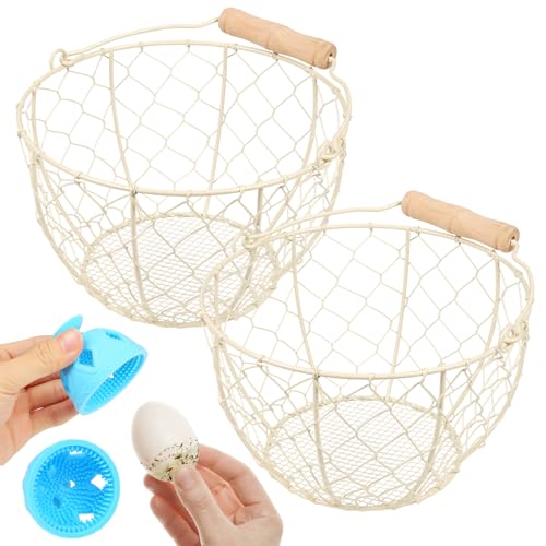 2 Pcs Egg Basket With Handle,Wire Egg Basket for Gathering Fresh Eggs, Round Egg Collecting Basket for Farm,Vintage Style Chicken and Duck Eggs Basket Egg Countertop Storage Container Holder ﻿(White) - color: white
