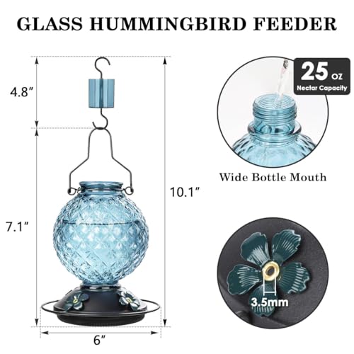 25 OZ Glass Hummingbird Feeder for Outdoors, Leak Proof Hummingbird Feeder with Ant Moat, 4 Bee Resistant Feeding Ports, Easy Clean Wide Mouth Design, Hanging Nectar Feeder, Blue - color: Blue - 25oz