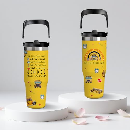 School Bus Driver Gifts for Women Men - 30oz Bus Driver Tumbler with Handle, Insulated Stainless Steel Travel Mug, Leakproof & Cup Holder Friendly - Perfect for Appreciation, Retirement & Birthday - color: SchoolBusDriver1