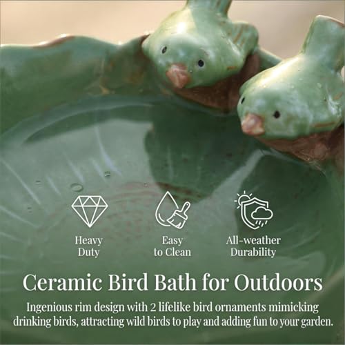 2 Pack Ceramic Bird Bath for Outdoors, 5.5" Ground Birds Bath Bowl for Outside, Heavy Duty Wild Bird Feeders, Feeding Tray Food Holder for Balcony Garden Lawn Patio Decor Tabletop, Green
