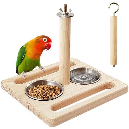 Bird Perch with Stainless Steel Feeding Bowl Cups,Parrot Wood Perch Stand Toy,Bird Cage Accessory,Parakeet Supplies for Parakeet Lovebird Cockatiel Conure Budgie Small Parrots(Small Size)