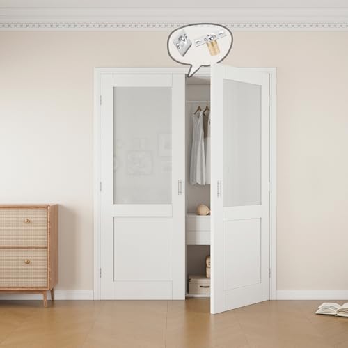 56x80 Interior French Door,Half Frosted Glass Doors,DIY Prehung Room Door | Prefinished & Paintable Double Doors with Ball Catches & Hinges & Handles, Tempered Frosted Glass, Interior Swing Closet Door - color: Half Frosted Glass, size: 56" x 80"