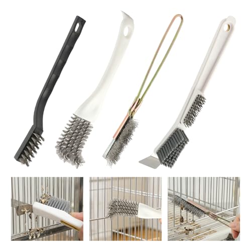 Bird Cage Cleaning Brush Kit, Bird Poop Remover Cleaning Tools Accessories for Small,Medium,Large,Tall, 4-Piece Multi Function Bird Perch Set, Includes Perch Brush, Mesh Brush and 3-in-1 Wire Brush