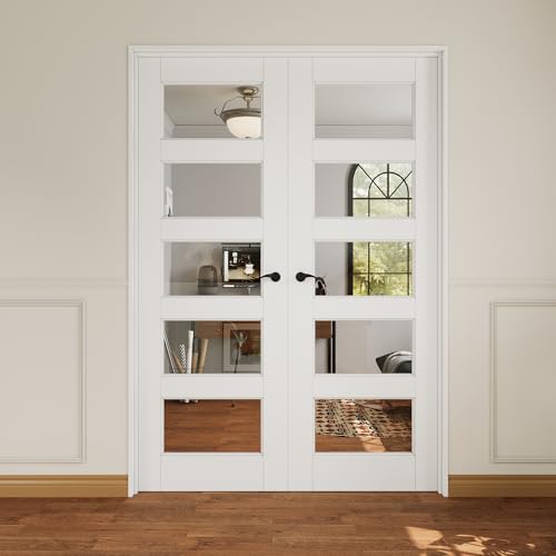 48x80 Interior French Door,5-Lite Clear Glass Doors,Living Room Doors | Matte Black Hardware-Privacy Door Lever with Lock, Latch&Hinges, Solid Core,Tempered Glass,No PreDrill,Jamb Assembly Required - color: 5 Lite, Black Hinges, size: 48x80 for 50x82 open