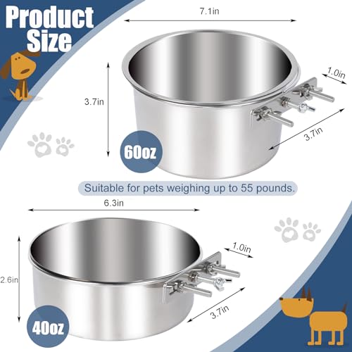 Dog Crate Water Bowl No Spill, 2 Pack Stainless Steel Large Dog Bowls, Hanging Dogs Kennel Water and Food Bowls for Crate Cage，Metal Feeder Dish Coop Cup for Medium Large Dogs Pets