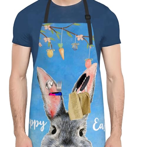 Happy Easter Welcome Rabbit Egg Tree Spring Floral Tulip Farmhouse Funny Bbq Adjustable Apron For Women Men Birthday Gifts Grilling Cooking Master Chef Bib 2 Pockets