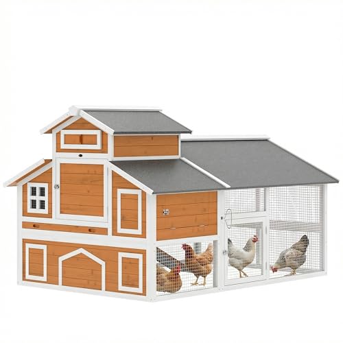 PawHut 79" L Chicken Coop for 6 Chickens with Run 2 Nesting Boxes Orange | Outdoor Wooden Hen House Poultry Cage, Slide-Out Tray, Sliding Rod Door, Roosting Bar, Waterproof Asphalt Roof