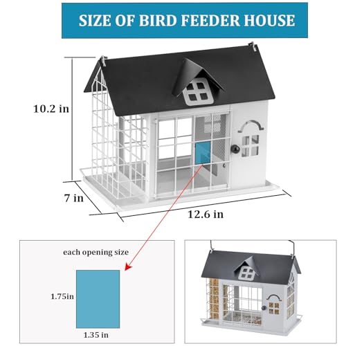 Caged Bird Feeder House, Squirrel-Proof Bird Feeders, Multi-Purpose Seed&Suet Wild Bird Feeders, Metal, 3Lb Seed Capacity+2 Suet Cake, Large Birds Proof Outdoor Hanging, White - color: White