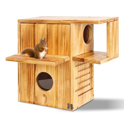 BOUGOON Large Squirrel House for Outside,Fir Wood Squirrel Nesting Box | with Multi Platform,Acrylic Observation Window,Lockable Front Pane,Drainage Holes for Tree Fence Backyard