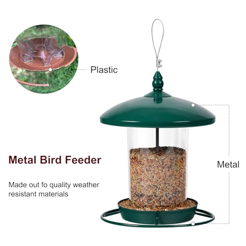 Metal Bird Feeder for Outdoors Hanging,3.0LB Seed Feeder,Easy to Fill & Clean,360° Feeding,Chew Proof Weatherproof Roof for Gardens and Wild Birds,Green - color: Green