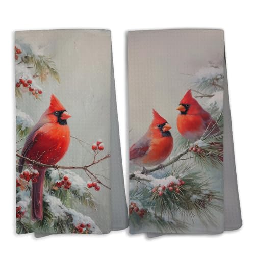 Winter Christmas Cardinal Snowy Woodland Kitchen Hand Towels,Red Bird Holly Berries Dish Towels for Kitchen Home,Vintage Rustic Winter Hand Towel Decorative Set for 2 - color: Color-16