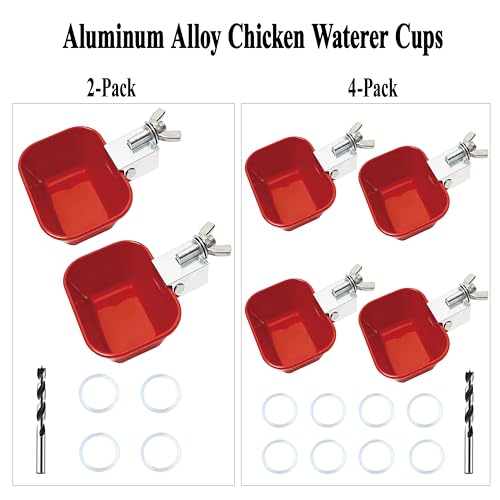 XCL Chicken Waterer Cups, Aluminum Alloy Chicken Waterer Feeder 2pcs Large, Tee Fittings Poultry Chicken Water, for Chicken, Duck, Goose, Turkey, Bunny, Bird, with Mounting Hole Opener (2, Red)