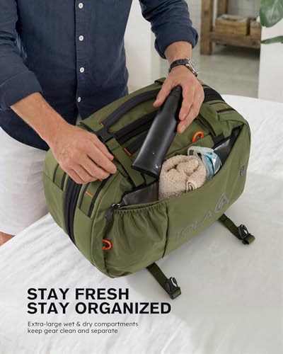 Tolaccea Travel Backpack 40-50L, 16" Laptop Carry On Duffle for Travel Work | 40-50L Expandable, TSA Approved 180° Open, 3L Wet-Dry Pocket, RPET Fabric, 3-in-1 Convertible Carrying, Detachable Waist Belt - color: Army Green