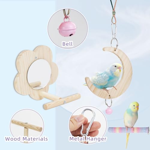 WishLotus Bird Swing and Standing Toys, Climbing Bird Toys Perch and Flower Mirror Standing for Budgerigar, Cockatiel, Monk Parakeet, Canary - color: Purple