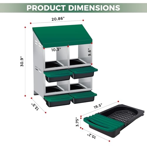 4 Hole Chicken Nesting Boxes, Weatherproof Galvanized Steel Chicken Egg Laying Box with Automatic Rollout Egg Collection, 2-in-1 Handle Perch, Easy Clean & Quick Assemble for Chicken Coop - color: Green, size: 4 holes 2 layers