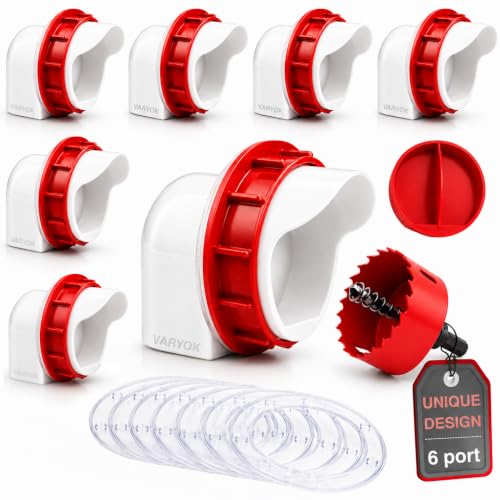 Chicken Feeder Port Kit, 6 Ports No Waste Automatic Chicken Feeder Cups with Rainproof Covers, 3.15" Hole Saw, DIY Gravity Poultry Feeder for Buckets, Barrels, Bins & Troughs
