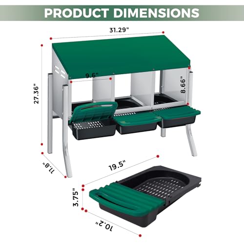 3 Hole Chicken Nesting Boxes, Weatherproof Galvanized Steel Chicken Egg Laying Box with Automatic Rollout Egg Collection, 2-in-1 Handle Perch, Easy Clean & Quick Assemble for Chicken Coop - color: Green, size: 30.7"L x 20.1"W x 20.1"H